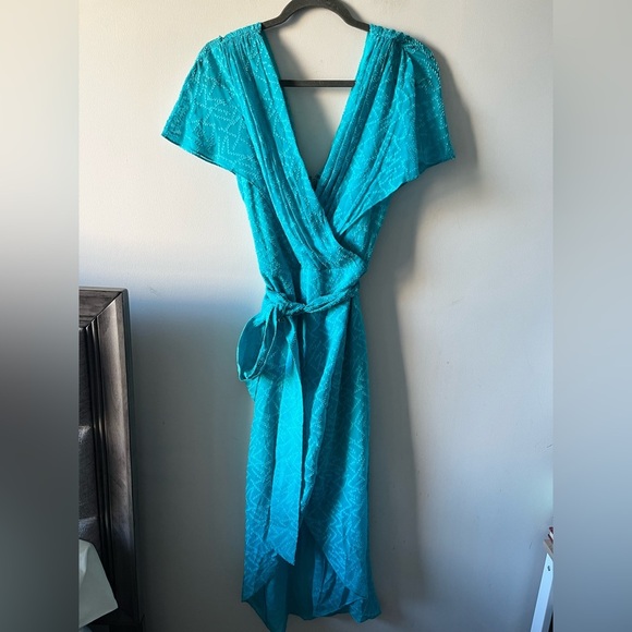 Alice & Olivia Silk-Cotton Tie-Waist Wrap Turquoise Dress - 8 - Picture 14 of 15